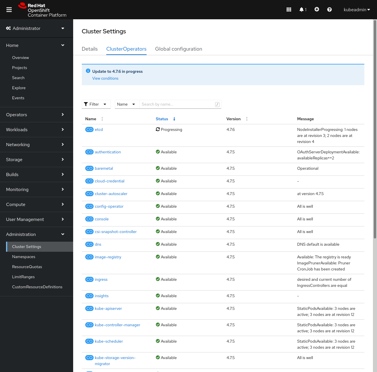 ClusterOperators status